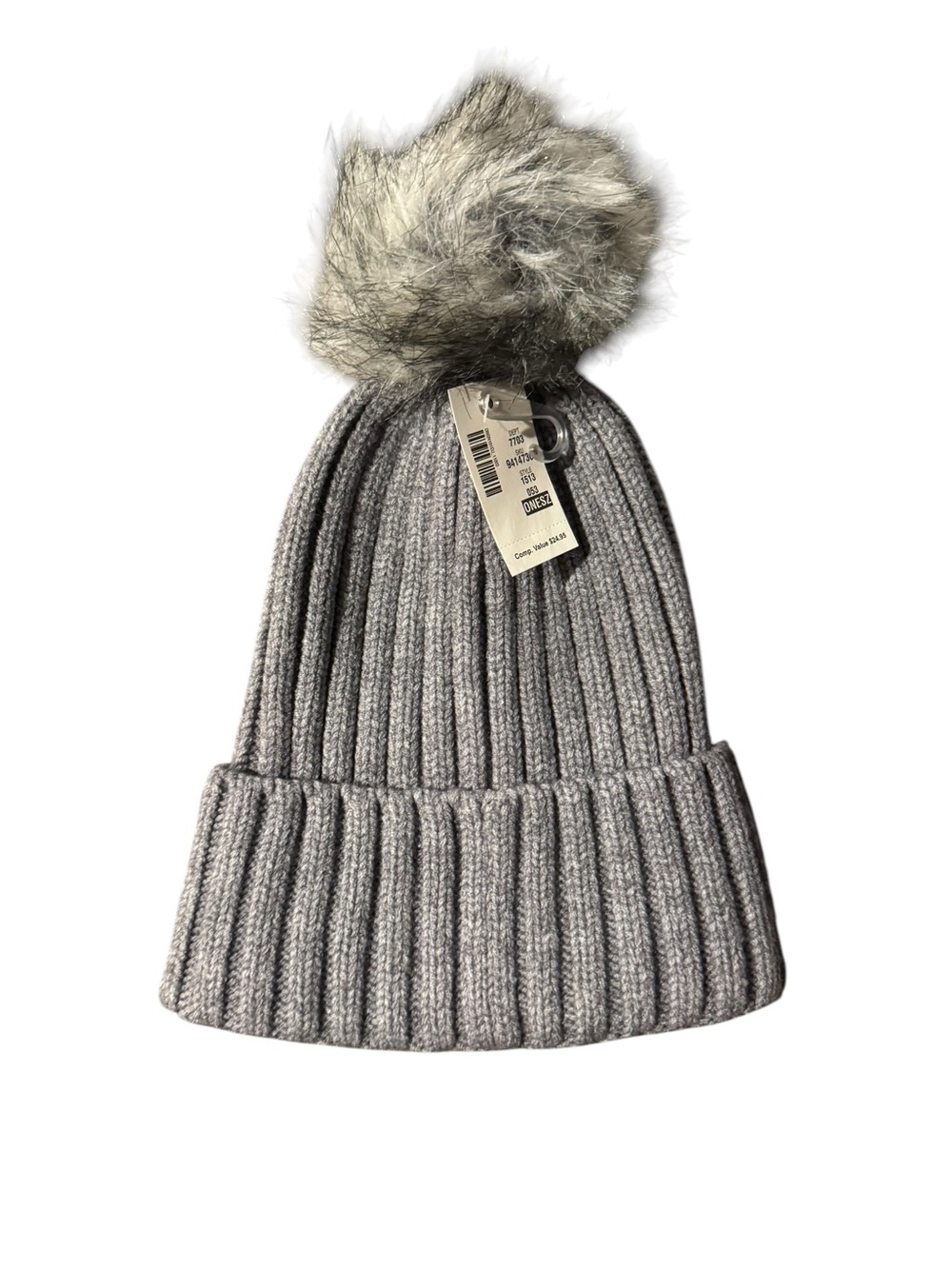 Aeropostale Gray‎ Ribbed Knit Beanie with Faux Fur Pom
